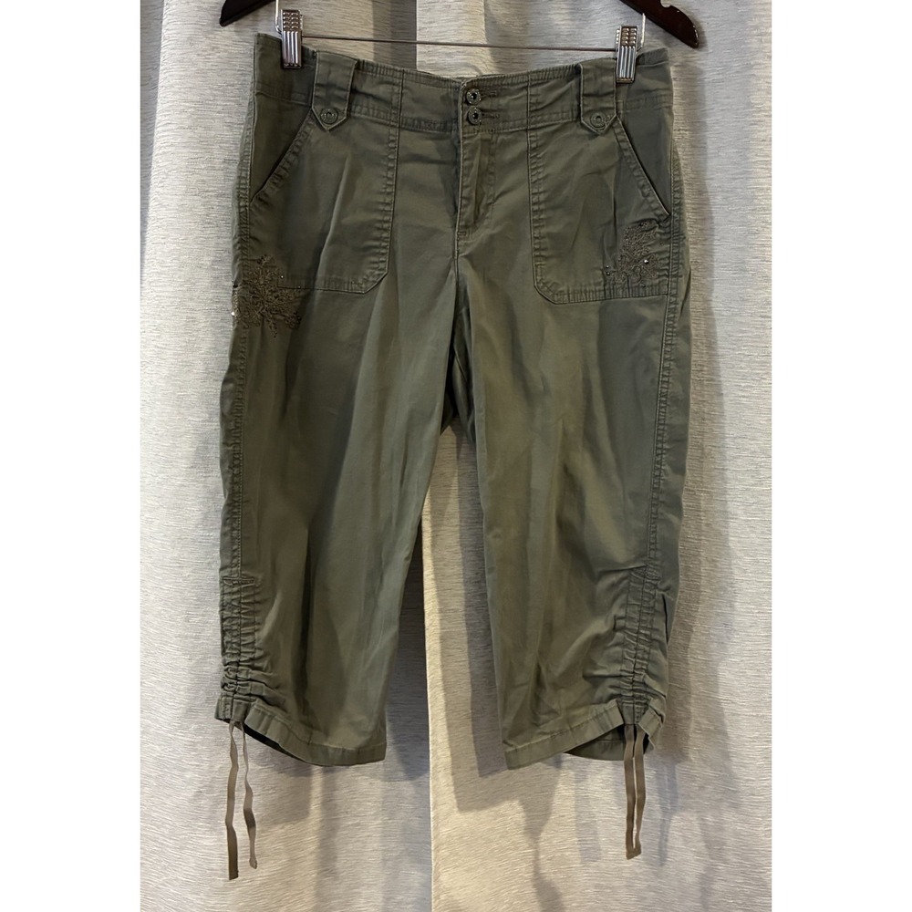 Gloria Vanderbilt Capri Pants Womens Size 8 Green Cargo Embroidered Casual Wear